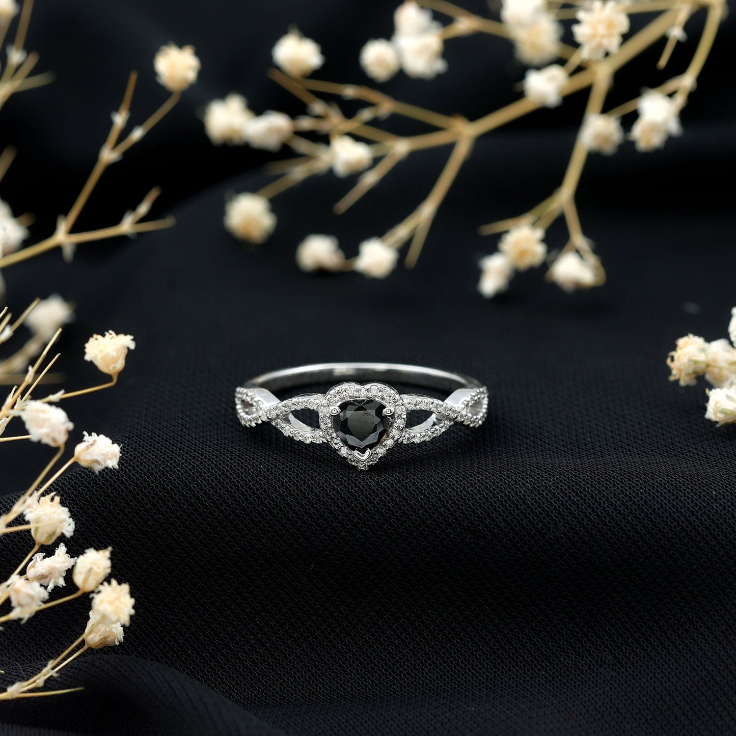 0.6 Carat Lab Grown Black and White Diamond Heart Engagement Ring with Crossover Shank