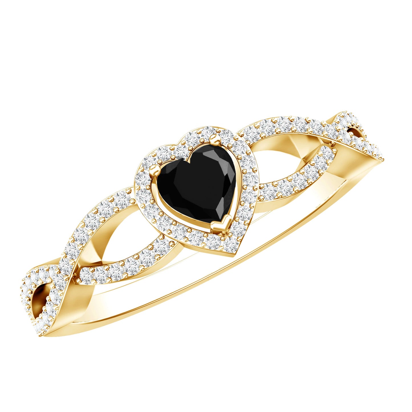 0.6 Carat Lab Grown Black and White Diamond Heart Engagement Ring with Crossover Shank