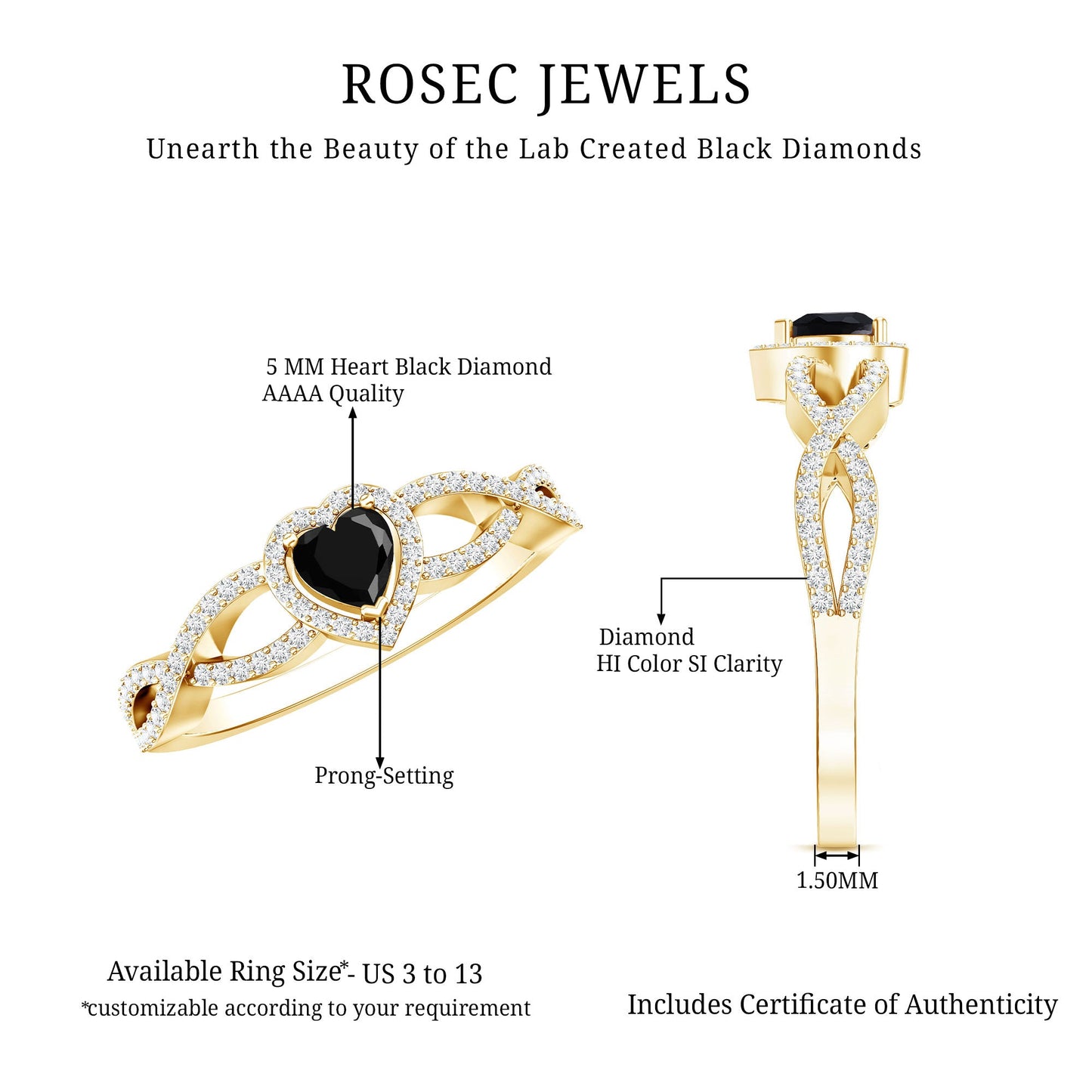 0.6 Carat Lab Grown Black and White Diamond Heart Engagement Ring with Crossover Shank