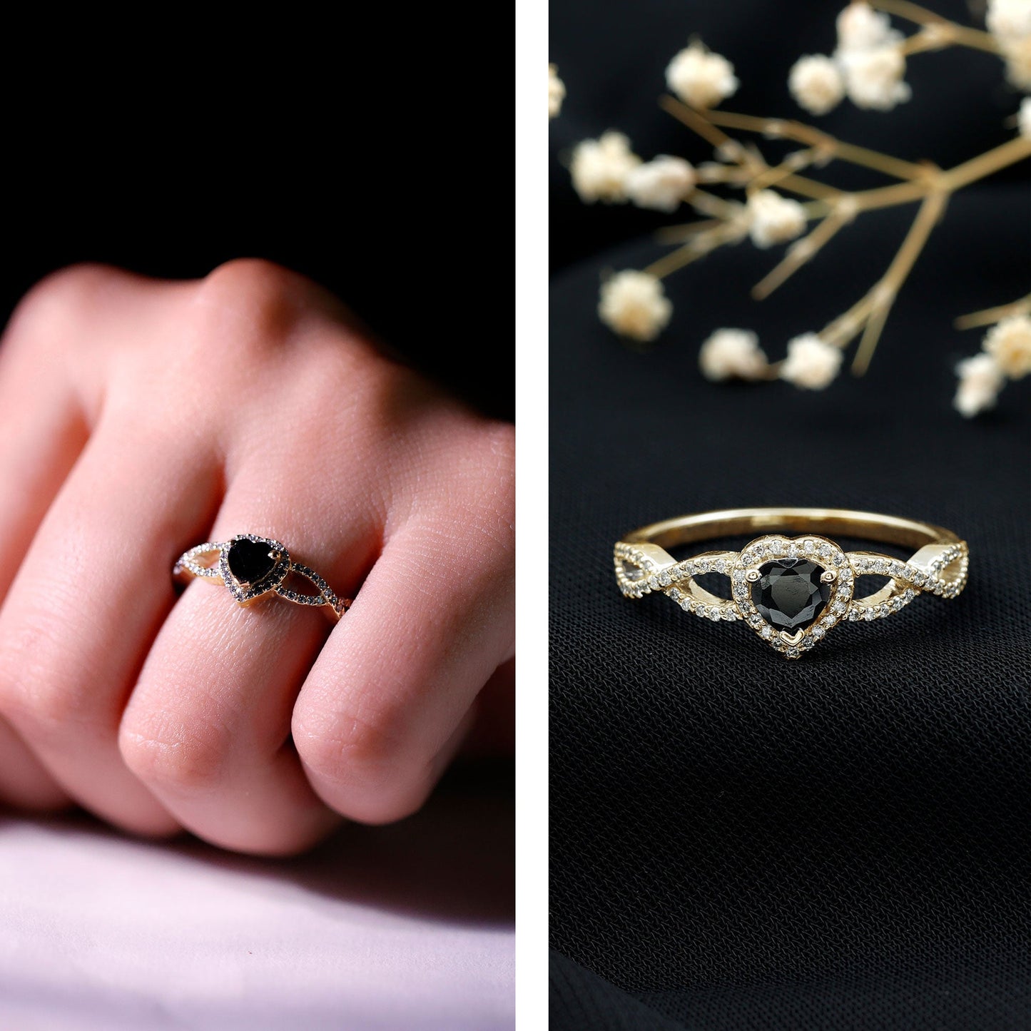 0.6 Carat Lab Grown Black and White Diamond Heart Engagement Ring with Crossover Shank