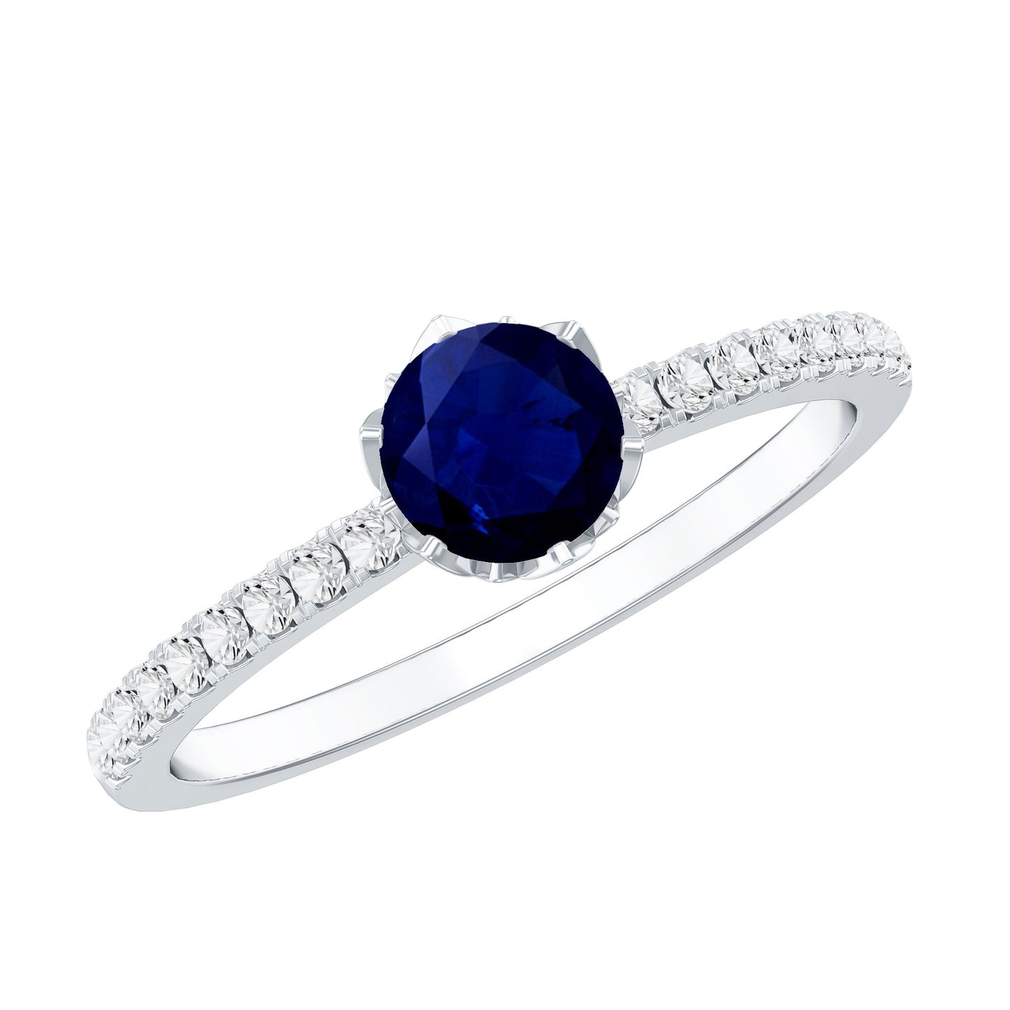 Lotus Basket Set 0.9 Carat Blue Sapphire Solitaire Promise Ring with Diamond