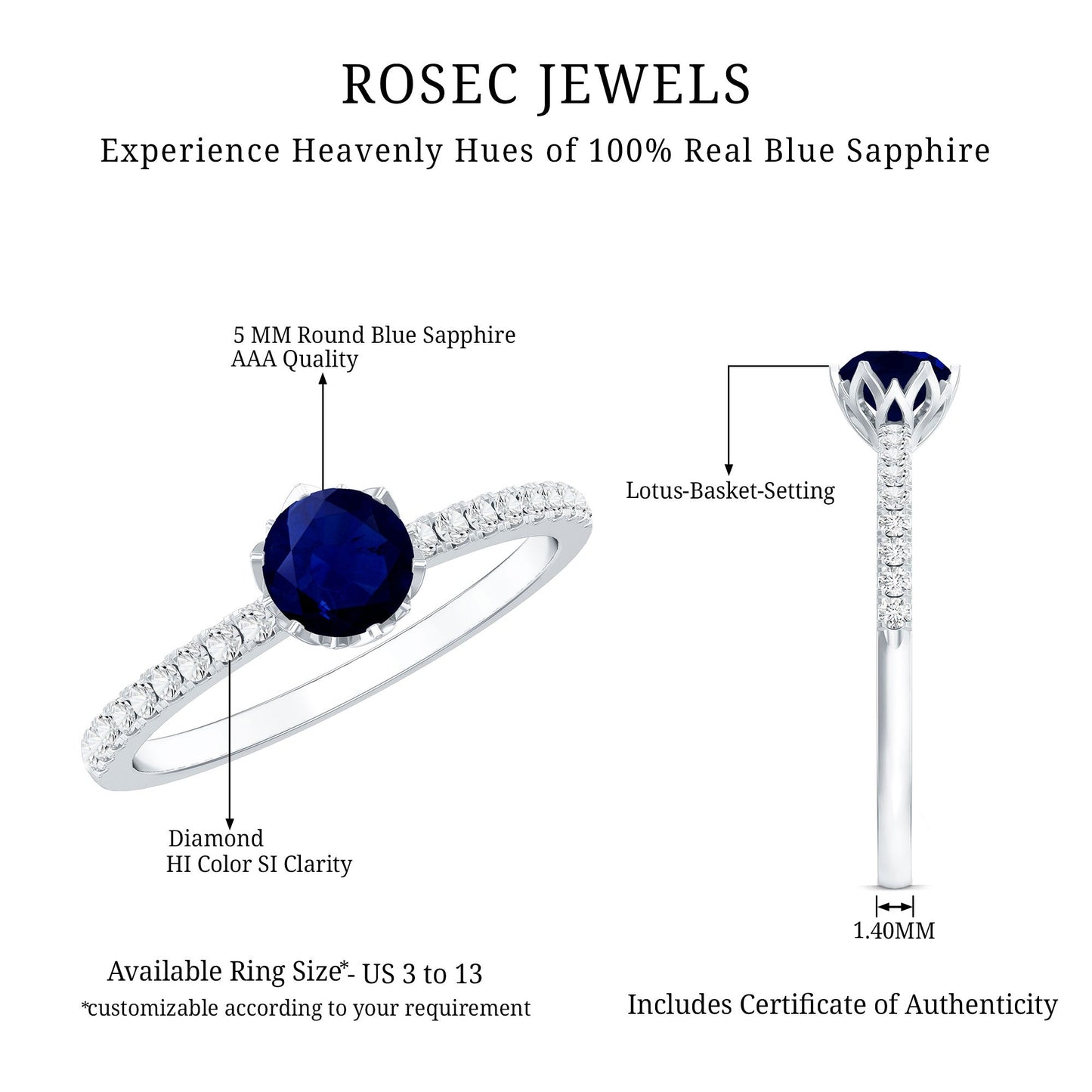 Lotus Basket Set 0.9 Carat Blue Sapphire Solitaire Promise Ring with Diamond
