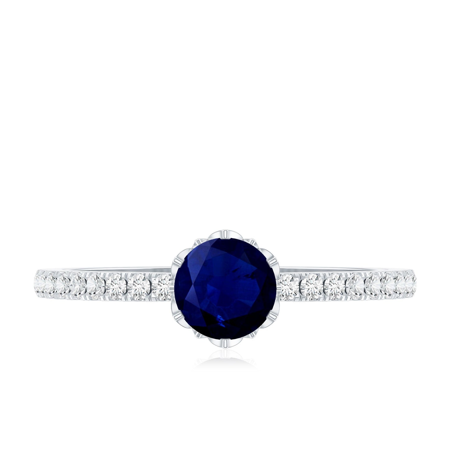 Lotus Basket Set 0.9 Carat Blue Sapphire Solitaire Promise Ring with Diamond