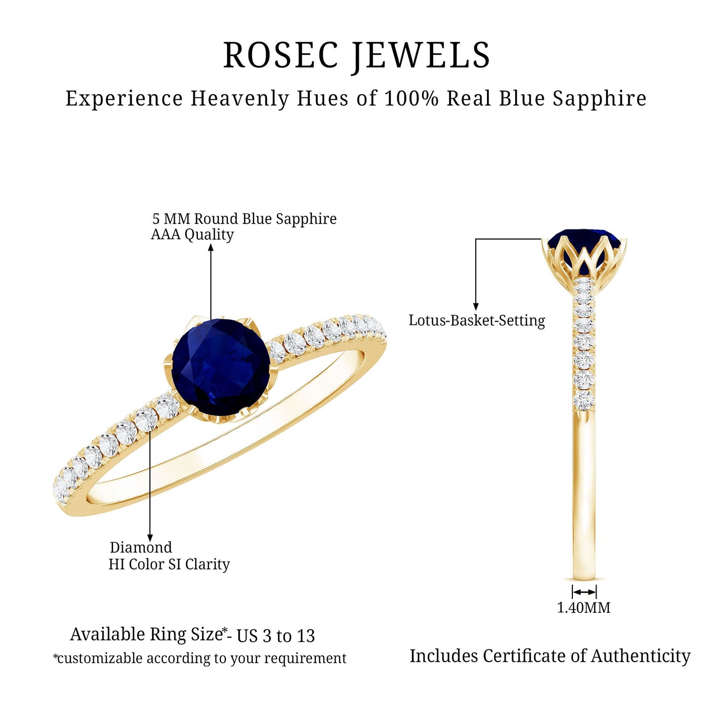Lotus Basket Set 0.9 Carat Blue Sapphire Solitaire Promise Ring with Diamond