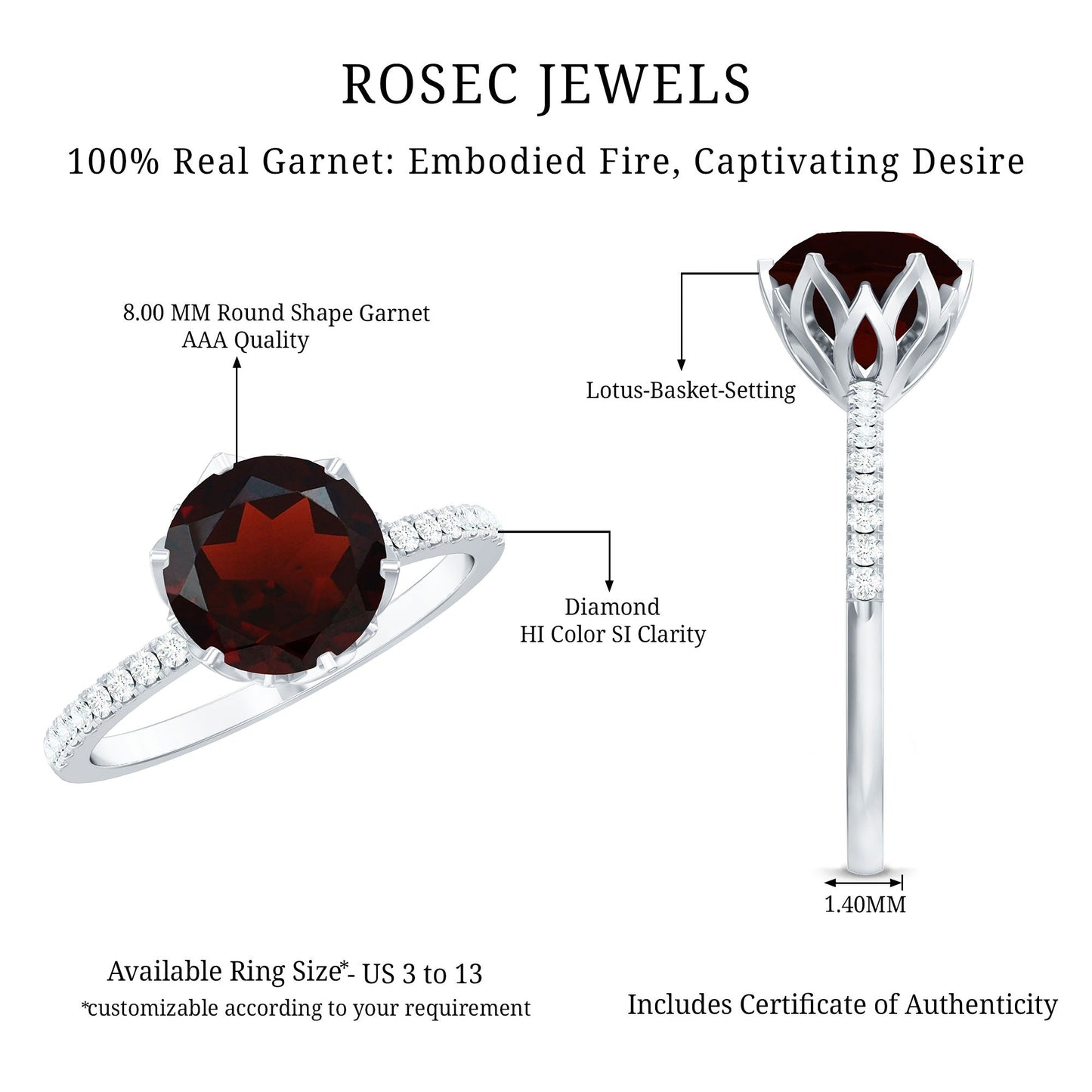 Natural 2.3 Carat Garnet Solitaire Engagement Ring with Diamond