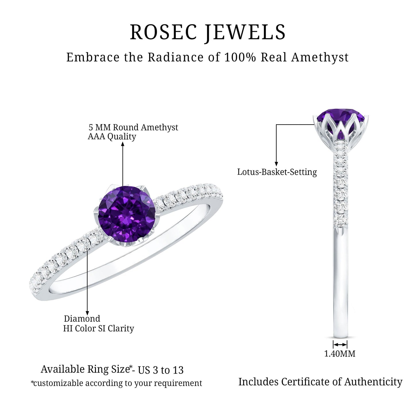 Genuine Amethyst Diamond Promise Ring for Women