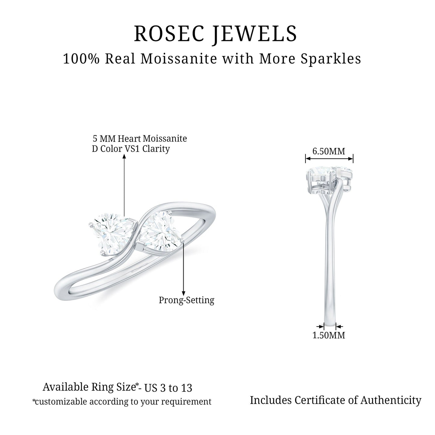 Heart Shape Moissanite Toi Et Moi Promise Ring