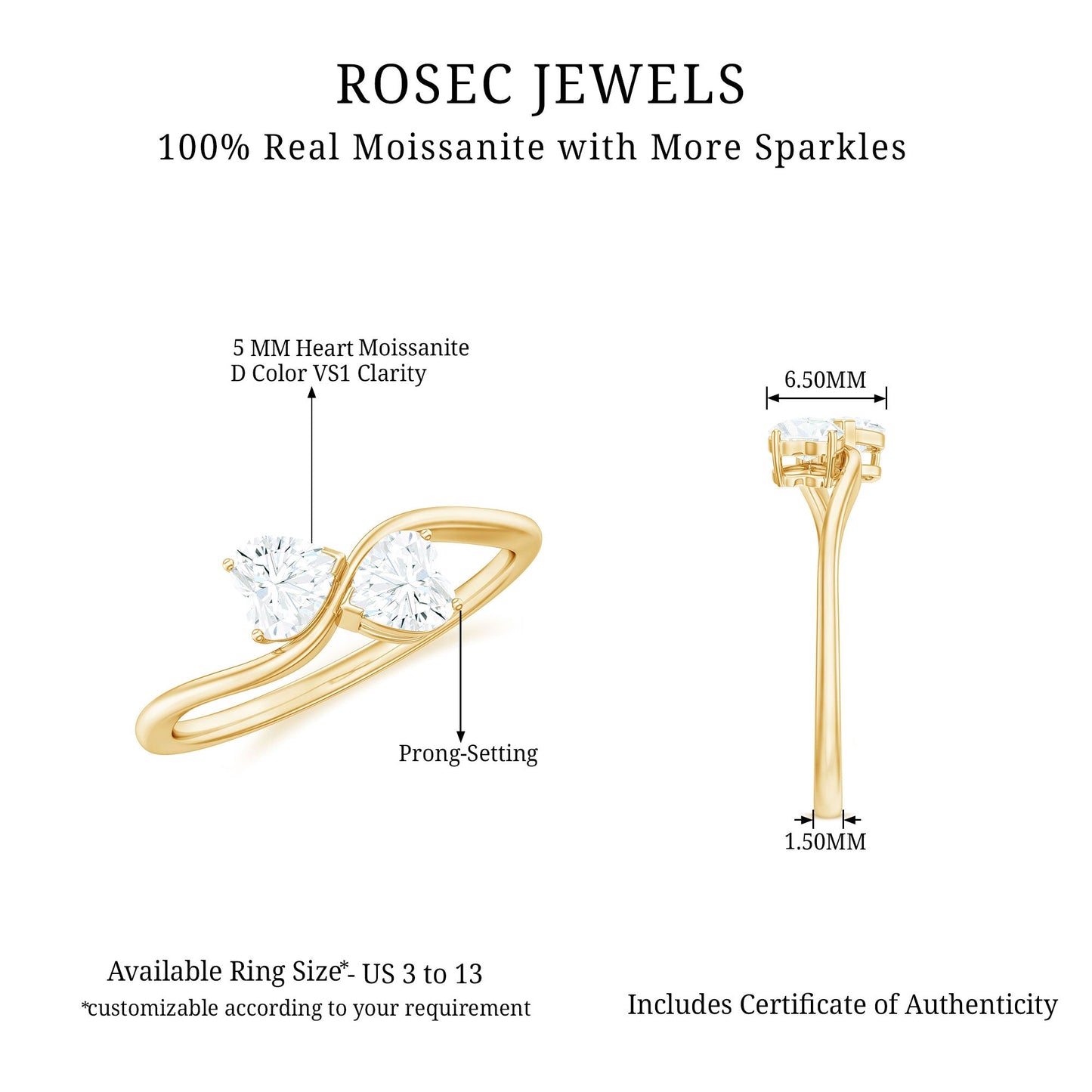 Heart Shape Moissanite Toi Et Moi Promise Ring