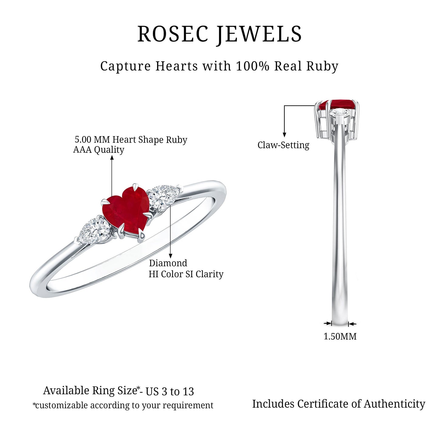 Natural 0.6 Carat Heart Shape Ruby Diamond 3 Stone Promise Ring