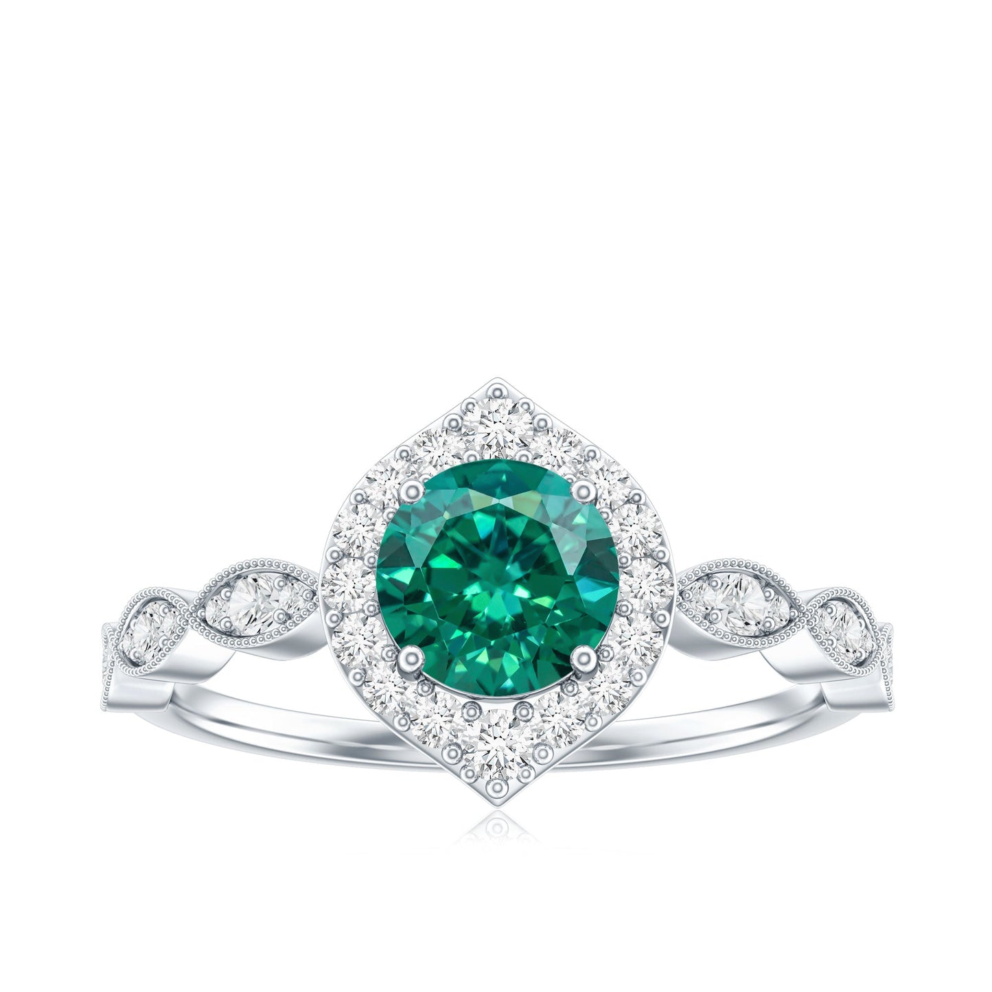 Lab Created Emerald Vintage Style Engagement Ring With Diamonds