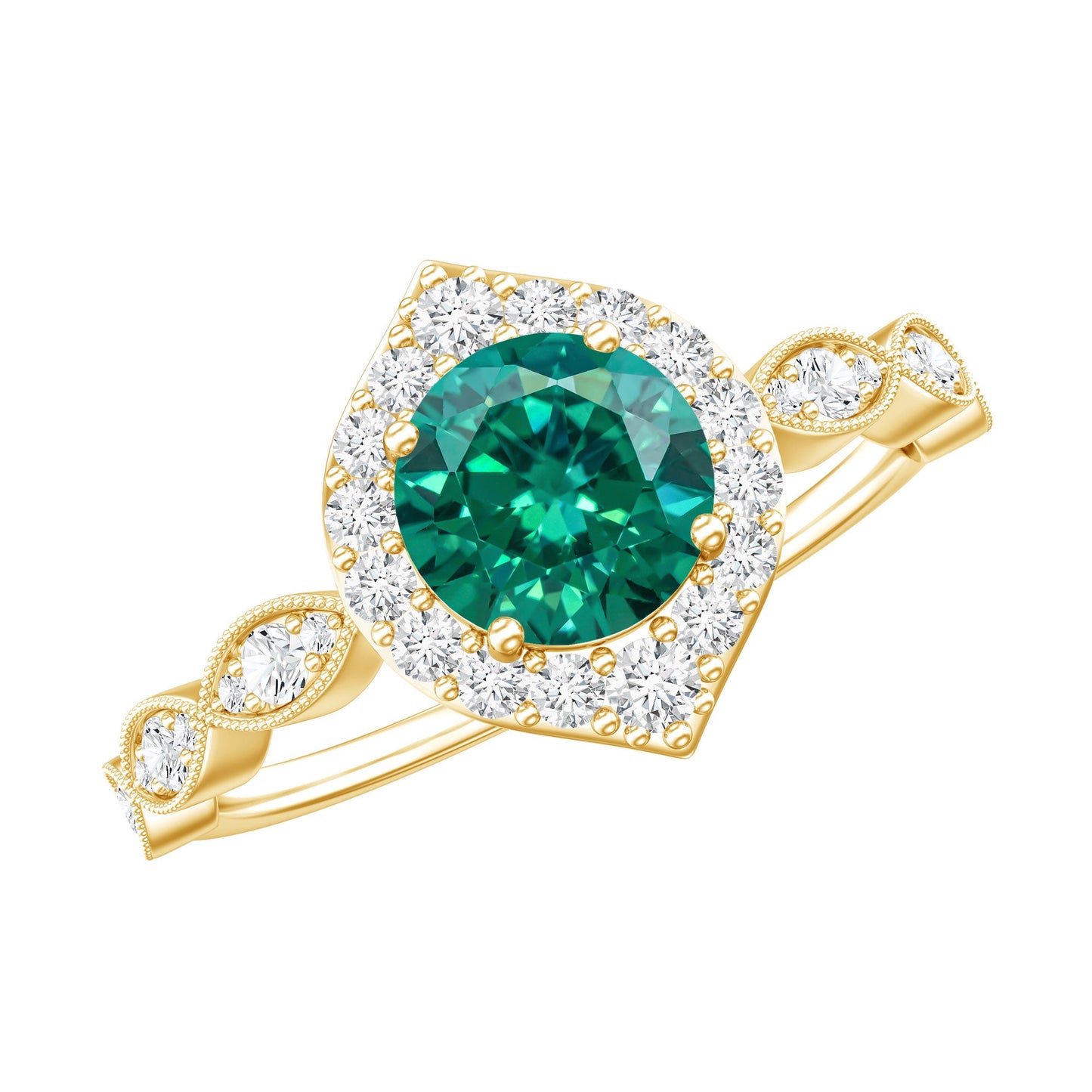 Lab Created Emerald Vintage Style Engagement Ring With Diamonds