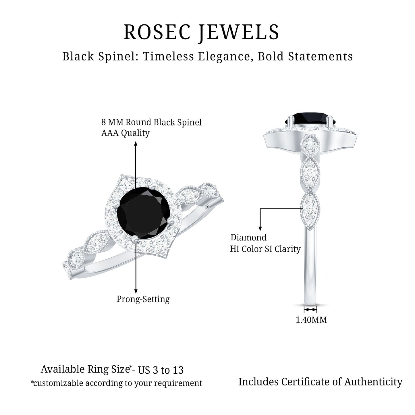 Vintage Black Spinel Engagement Ring with Diamond Halo