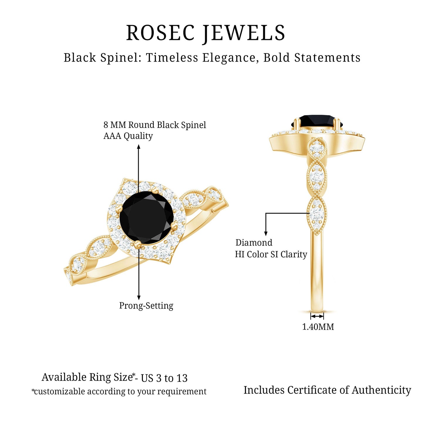 Vintage Black Spinel Engagement Ring with Diamond Halo