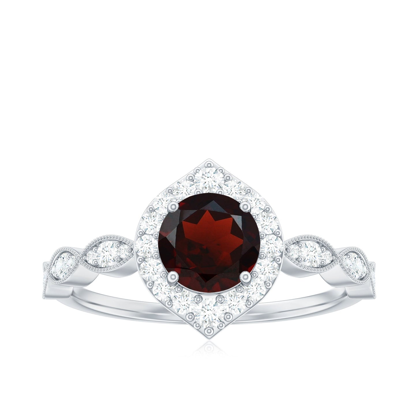 Vintage Looking Garnet Engagement Ring with Diamond Halo