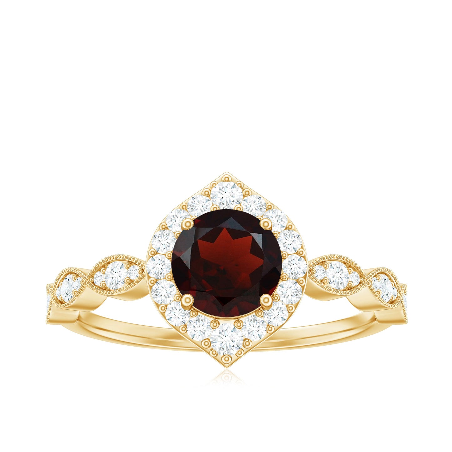 Vintage Looking Garnet Engagement Ring with Diamond Halo