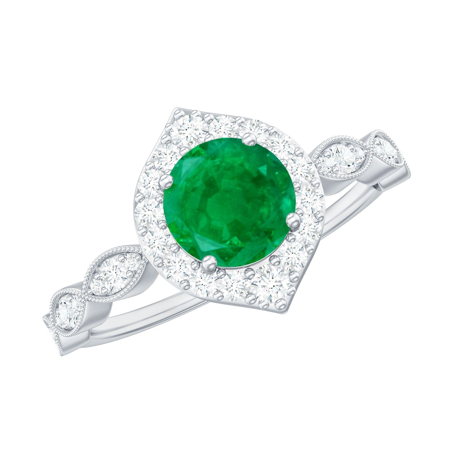 Natural Emerald Vintage Looking Engagement Ring with Diamond Halo