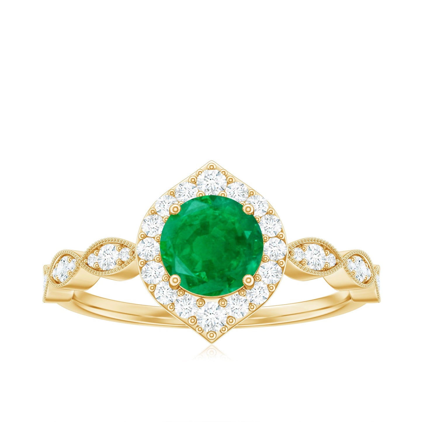 Natural Emerald Vintage Looking Engagement Ring with Diamond Halo