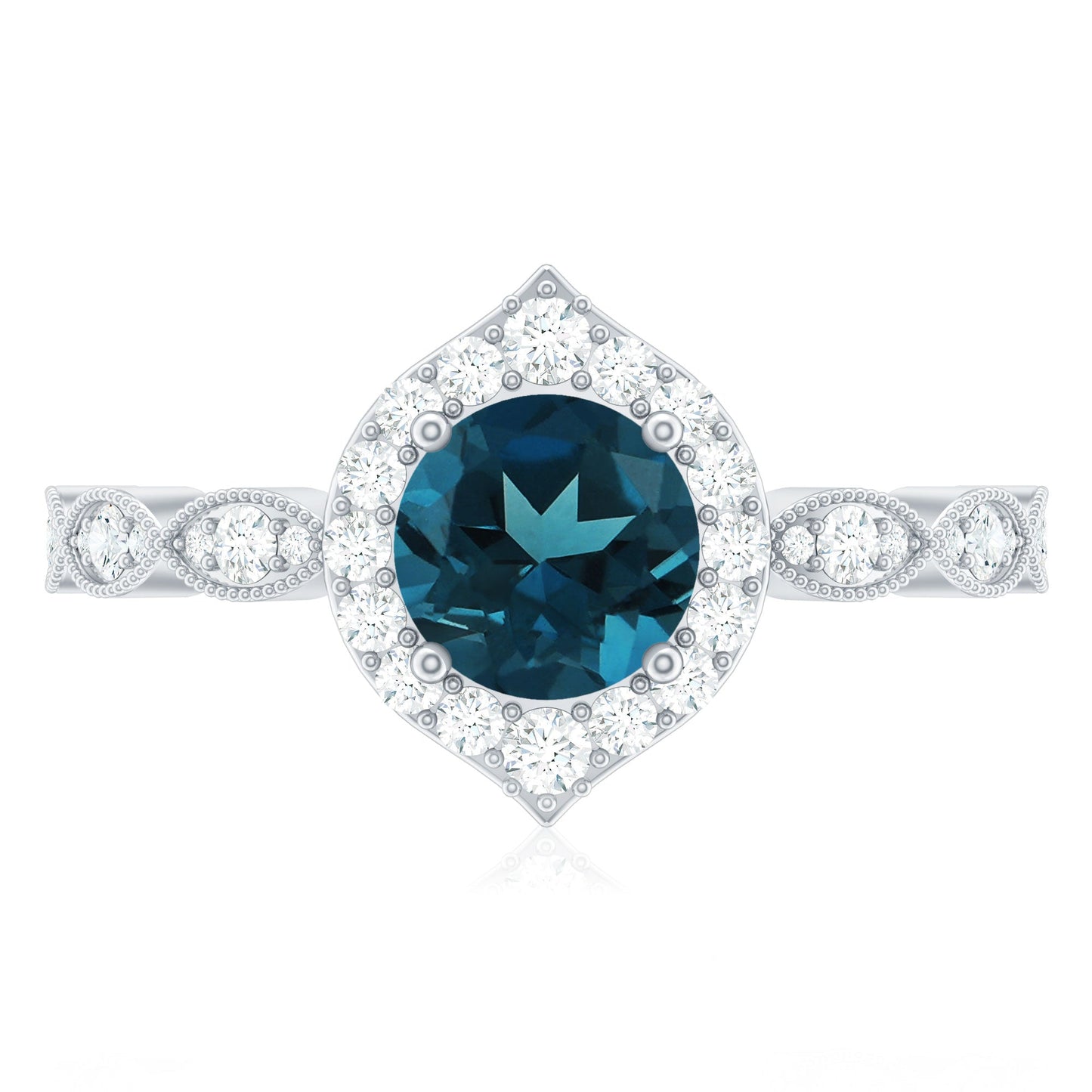 London Blue Topaz Vintage Halo Engagement Ring with Diamond