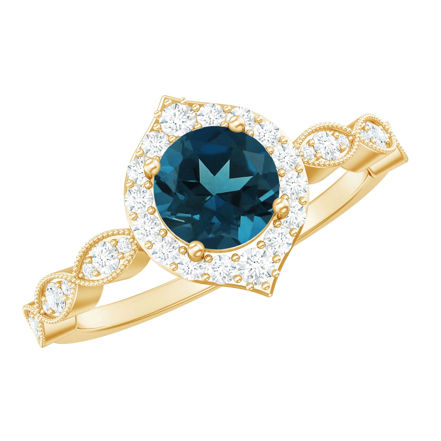 London Blue Topaz Vintage Halo Engagement Ring with Diamond
