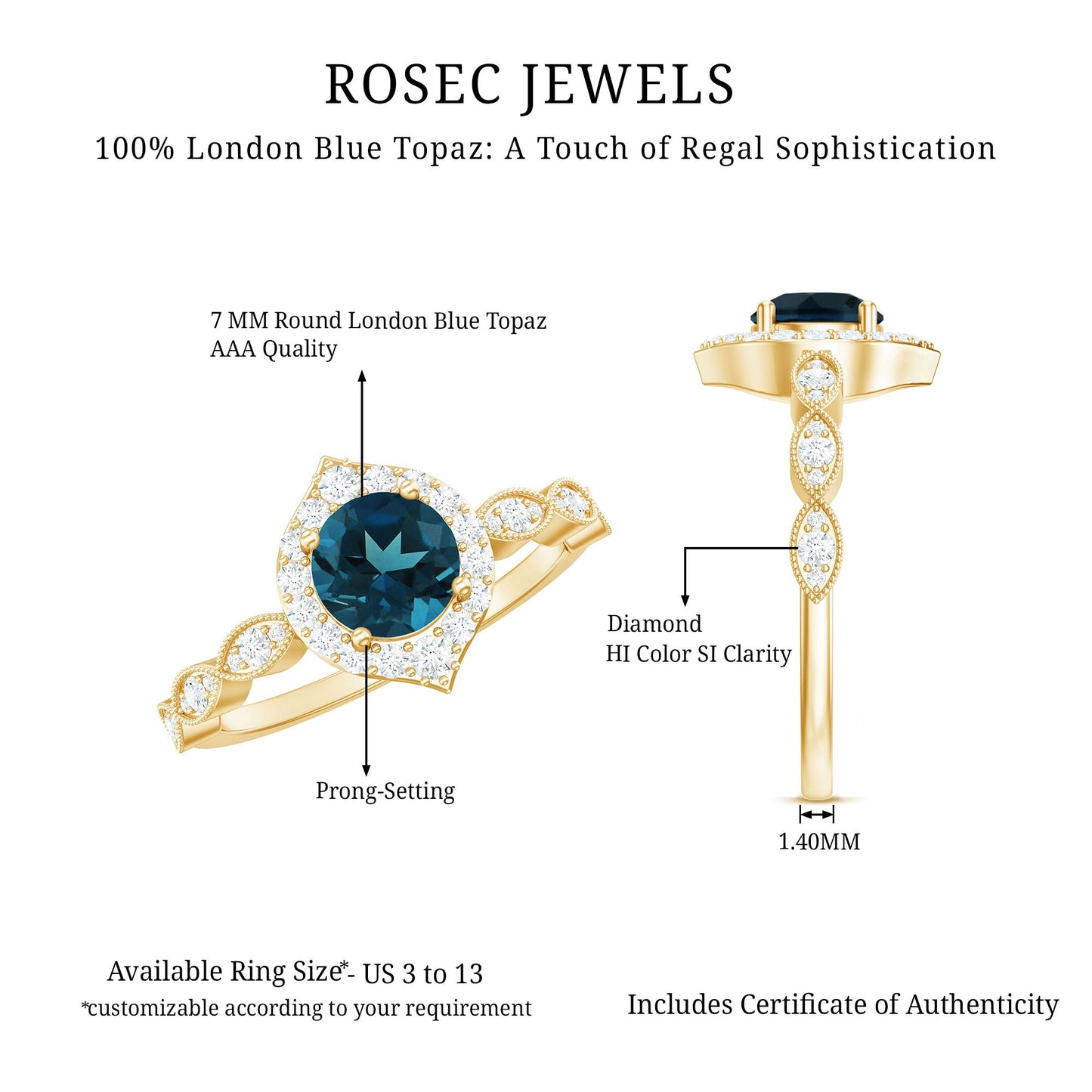 London Blue Topaz Vintage Halo Engagement Ring with Diamond