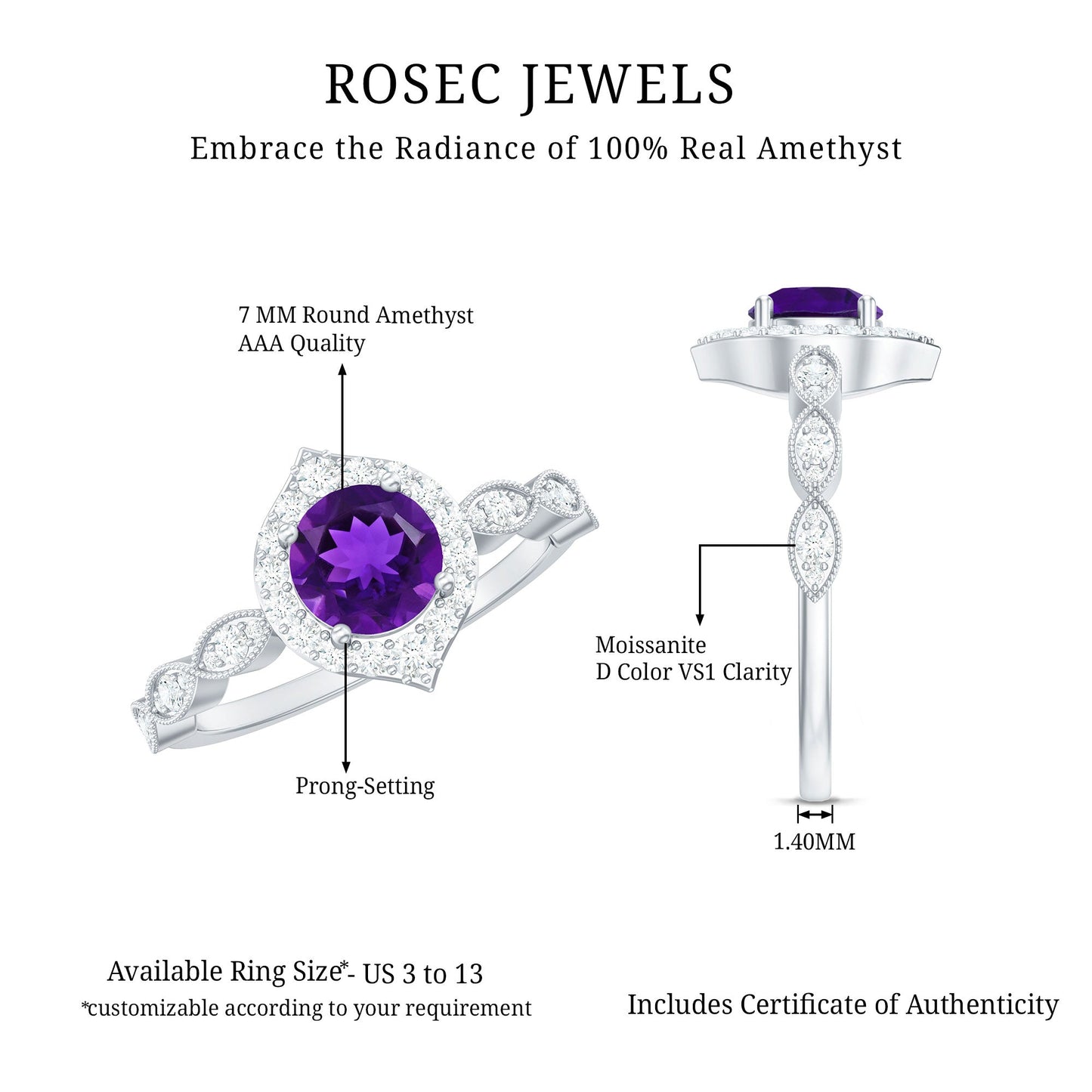 Vintage Style 1.2 Carat Amethyst Engagement Ring with Diamond Halo
