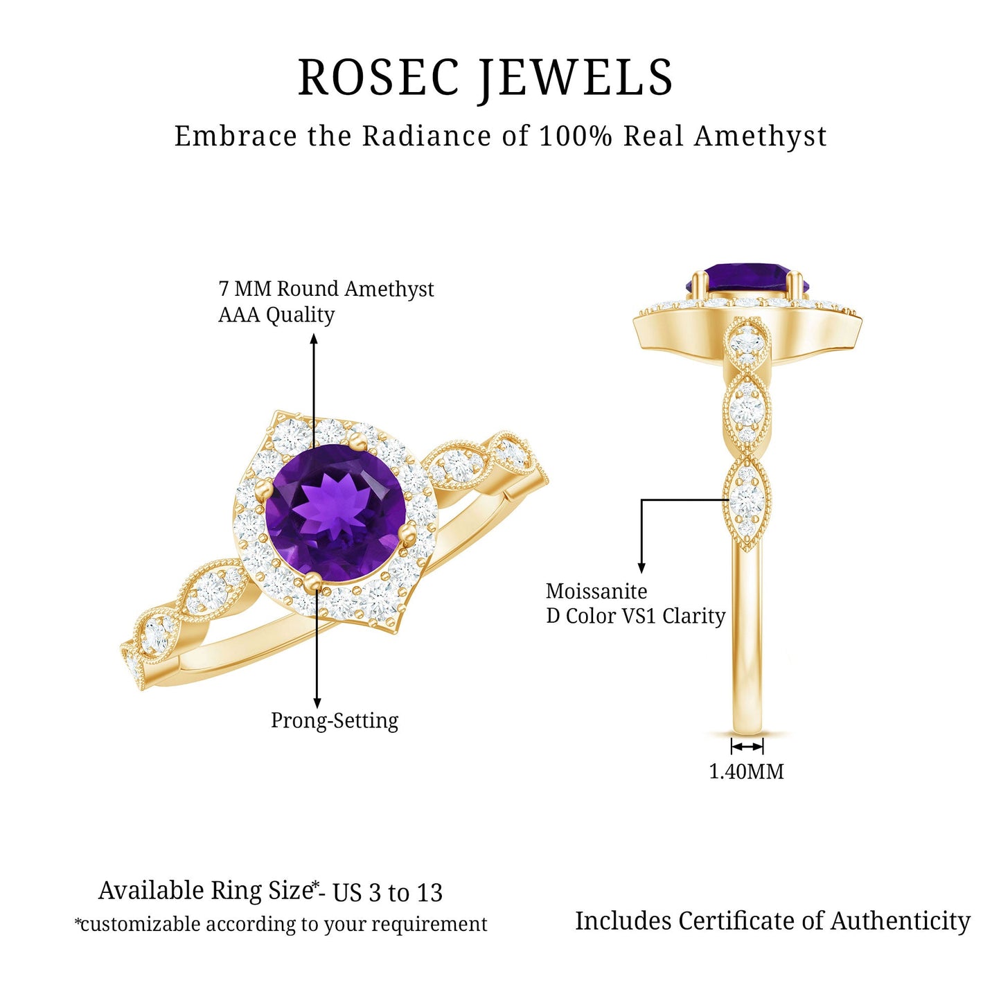 Vintage Style 1.2 Carat Amethyst Engagement Ring with Diamond Halo