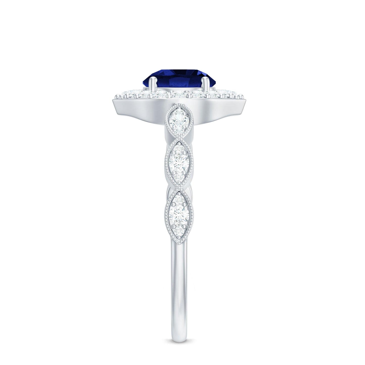 Vintage Inspired 1 Carat Lab Grown Blue Sapphire Engagement Ring with Diamond Halo