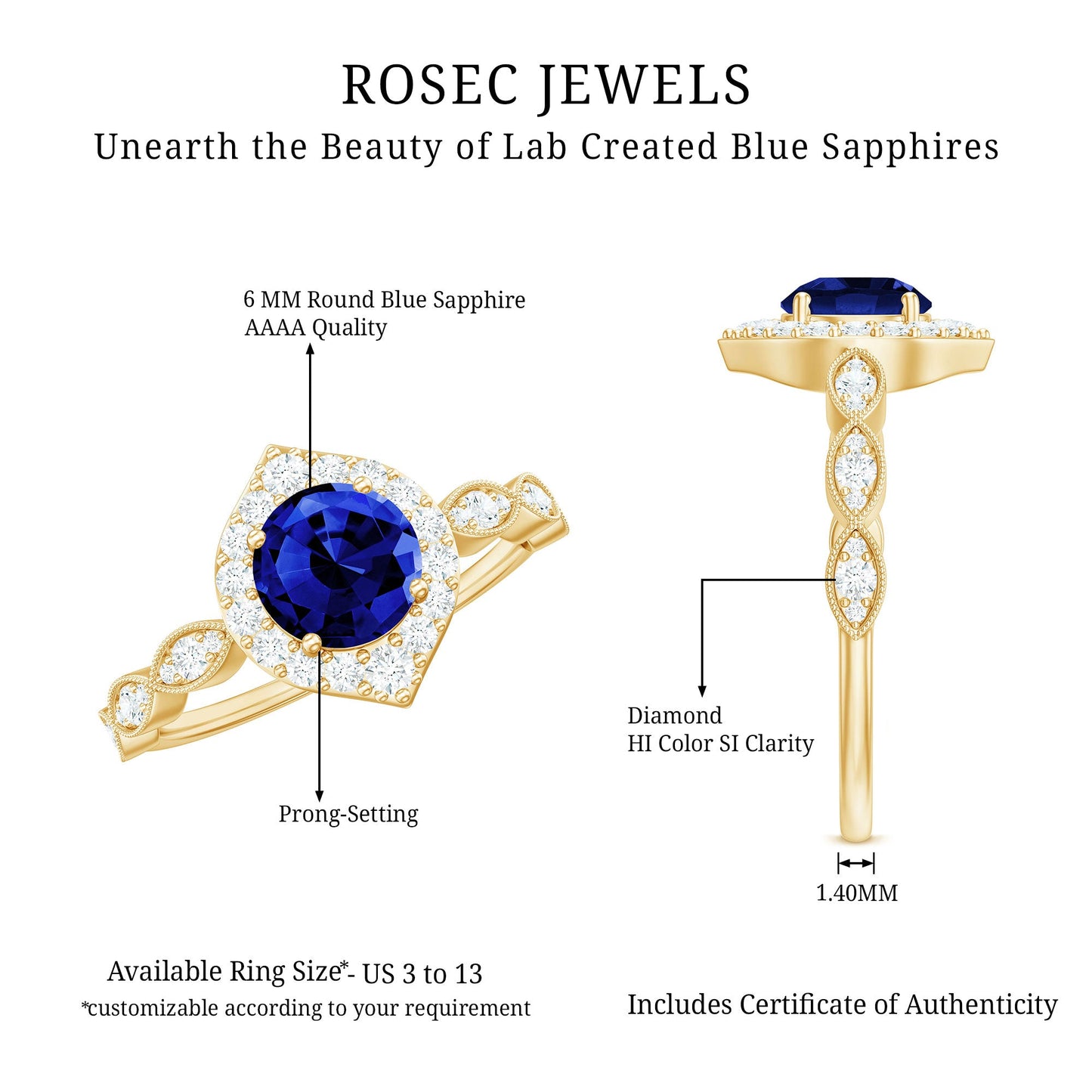 Vintage Inspired 1 Carat Lab Grown Blue Sapphire Engagement Ring with Diamond Halo
