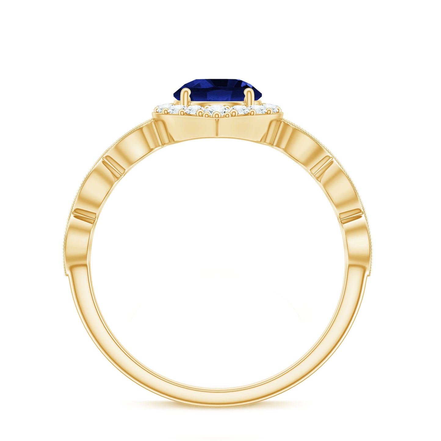 Vintage Inspired 1 Carat Lab Grown Blue Sapphire Engagement Ring with Diamond Halo