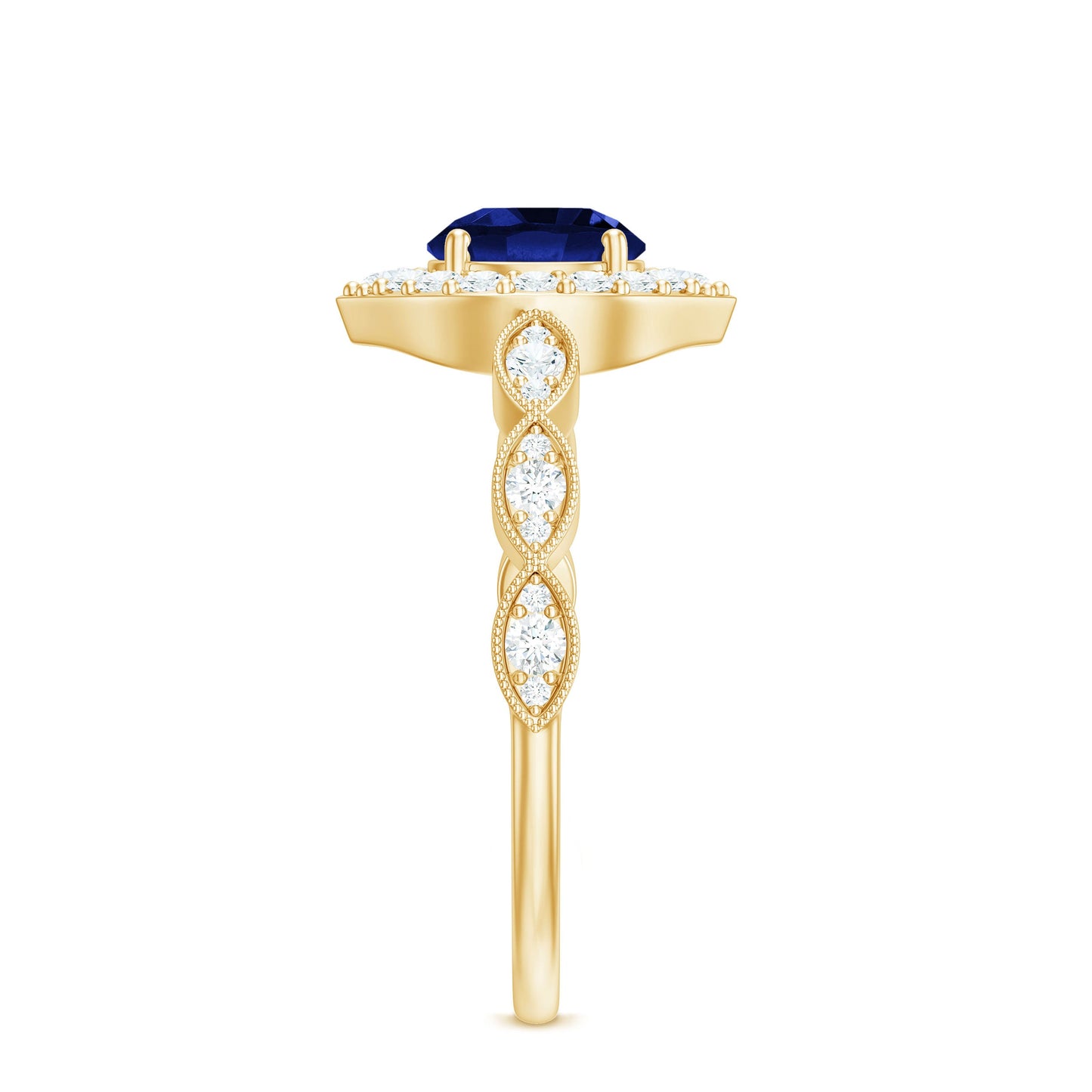 Vintage Inspired 1 Carat Lab Grown Blue Sapphire Engagement Ring with Diamond Halo