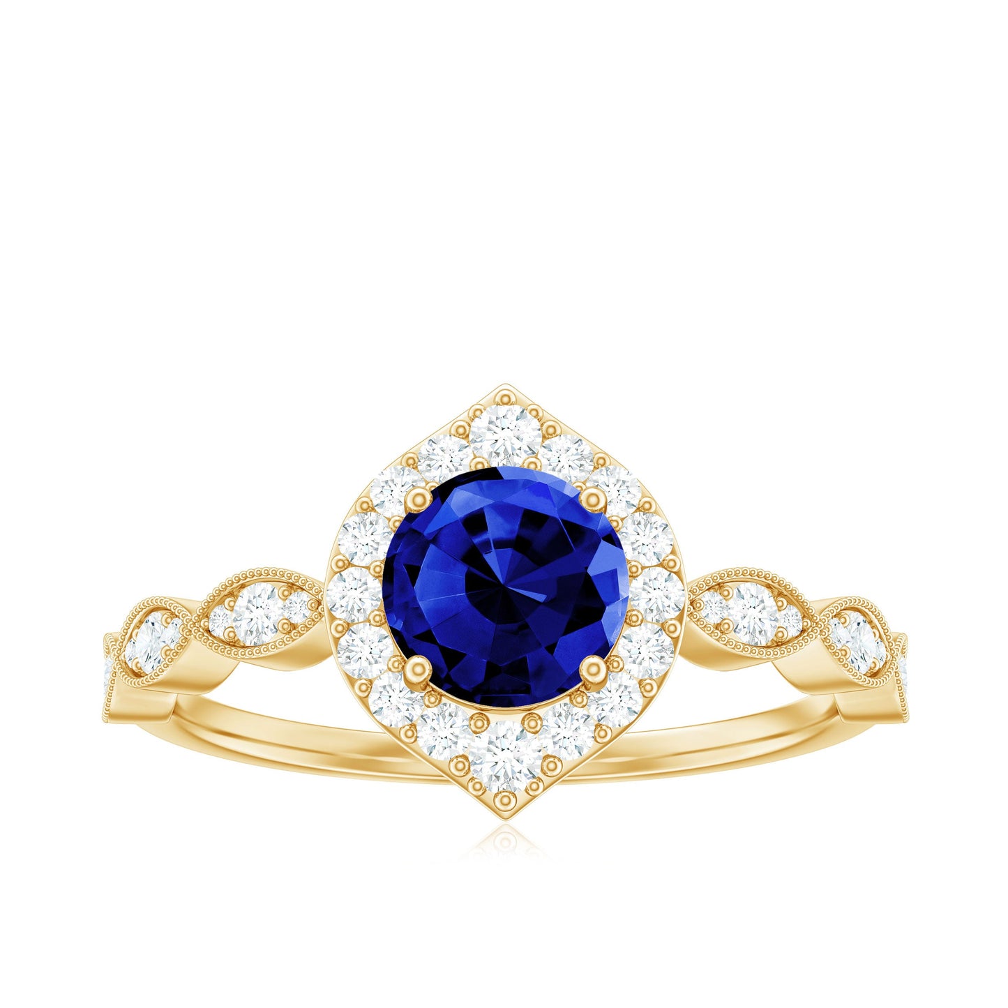 Vintage Inspired 1 Carat Lab Grown Blue Sapphire Engagement Ring with Diamond Halo