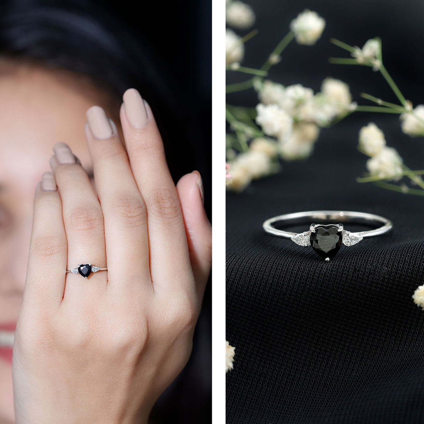 Certified Lab Grown Black Diamond Heart Promise Ring with White Diamond