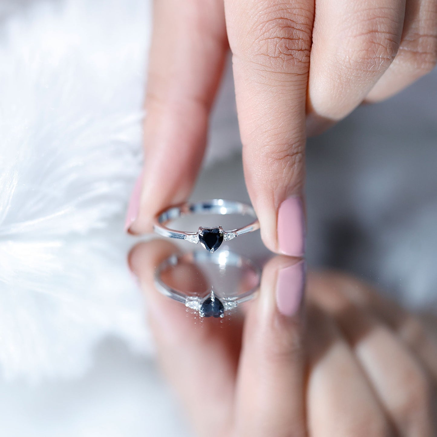 Certified Lab Grown Black Diamond Heart Promise Ring with White Diamond