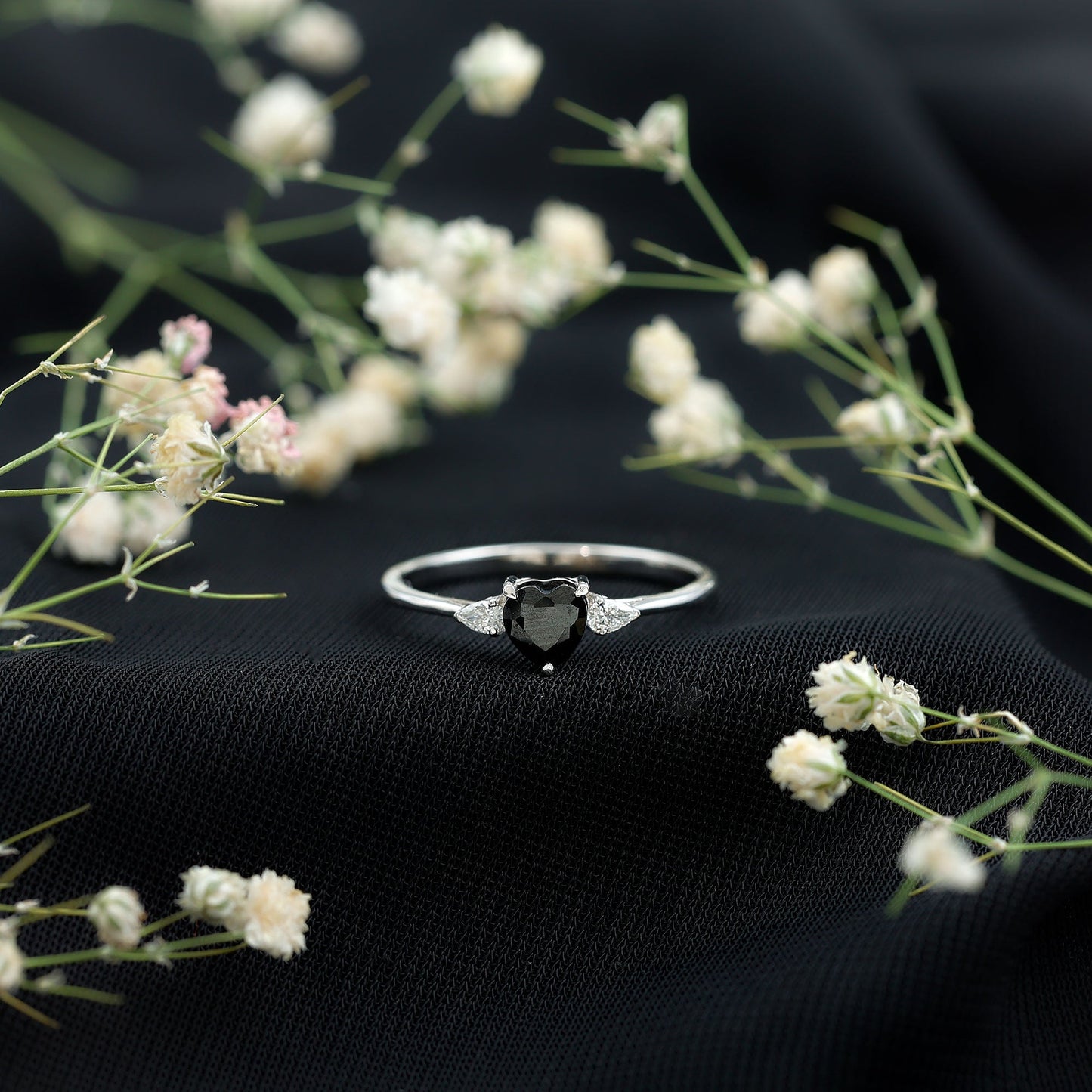 Certified Lab Grown Black Diamond Heart Promise Ring with White Diamond