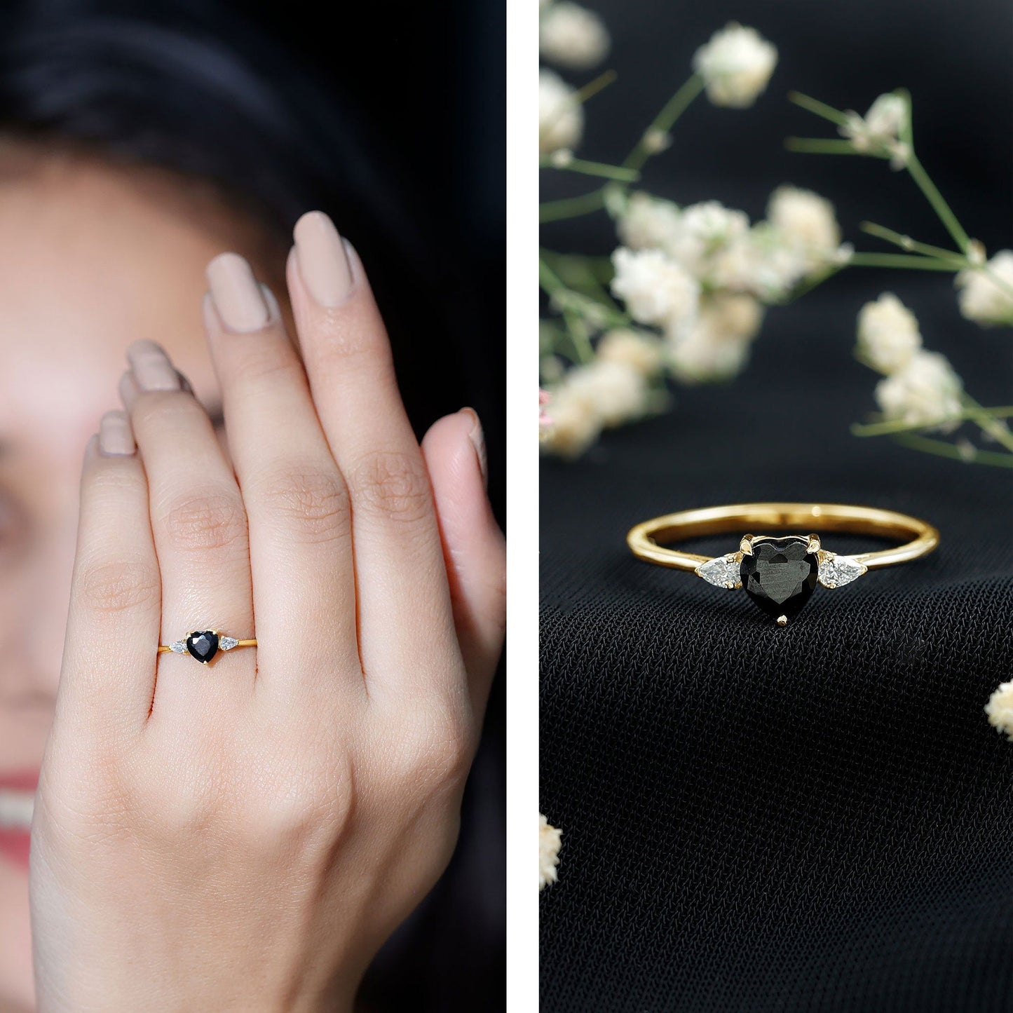 Certified Lab Grown Black Diamond Heart Promise Ring with White Diamond