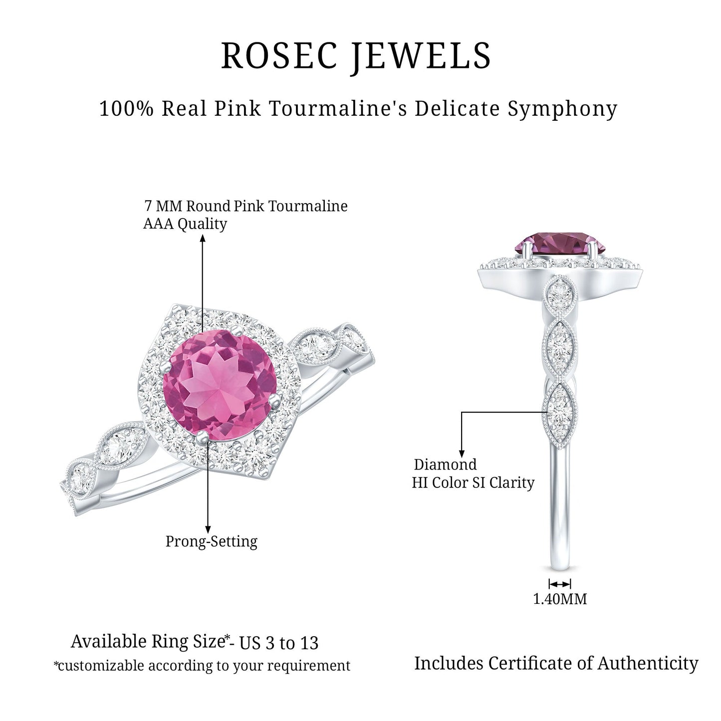 Genuine Pink Tourmaline Vintage Engagement Ring with Diamond