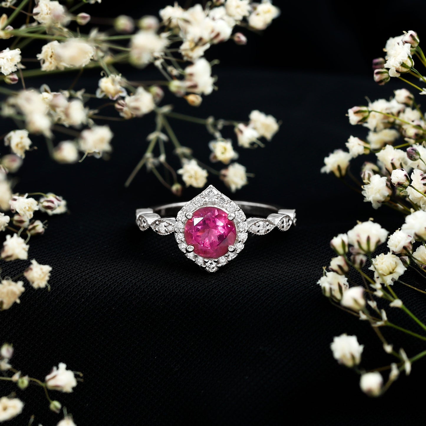 Genuine Pink Tourmaline Vintage Engagement Ring with Diamond