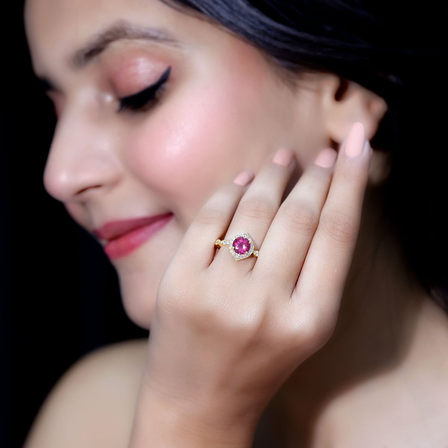 Genuine Pink Tourmaline Vintage Engagement Ring with Diamond