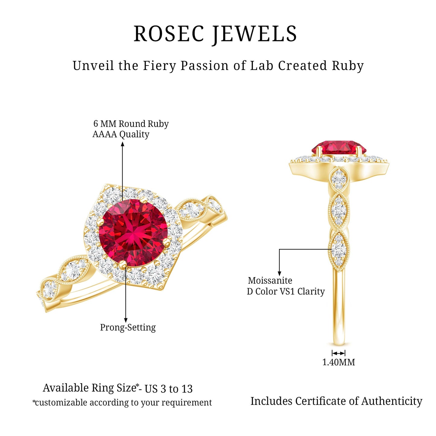 Vintage Style 1.3 Carat Lab Grown Ruby Engagement Ring with Diamond