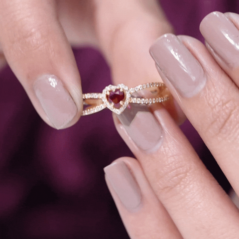 Natural Ruby Heart Engagement Ring with Diamond Split Shank