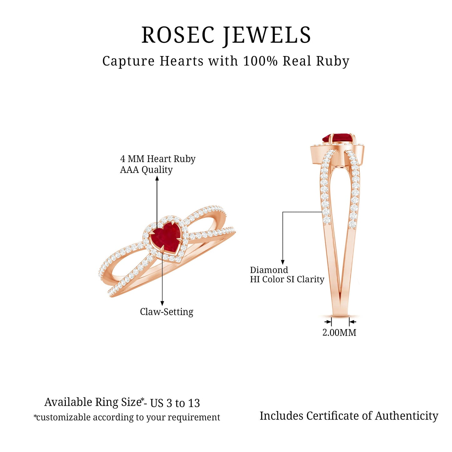 Natural Ruby Heart Engagement Ring with Diamond Split Shank