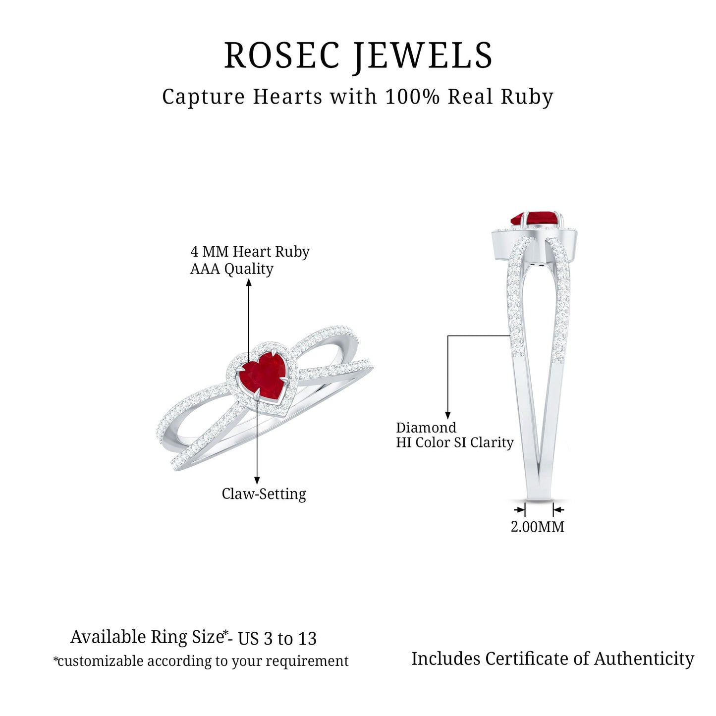 Natural Ruby Heart Engagement Ring with Diamond Split Shank