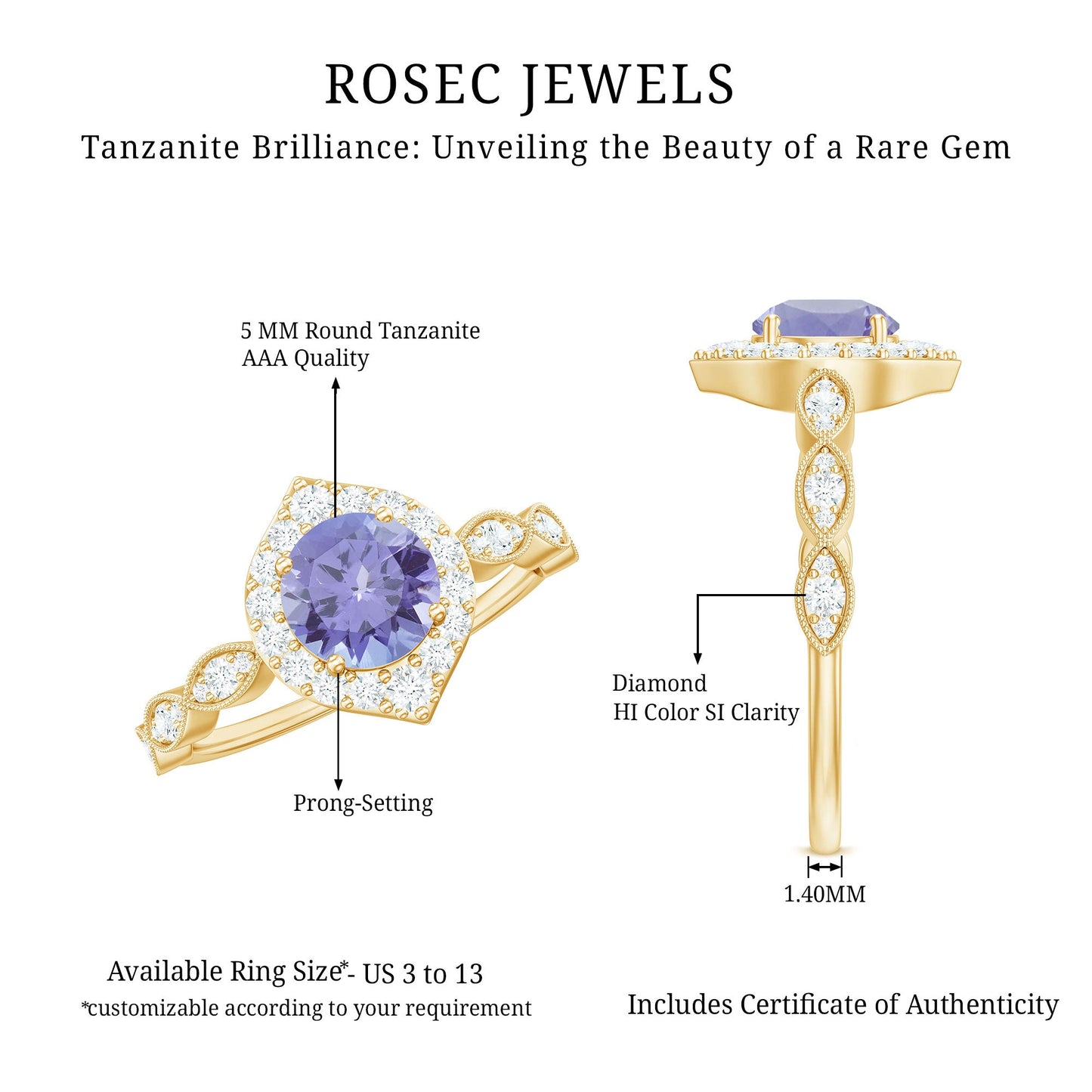 Real 0.54 Carat Tanzanite Vintage Engagement Ring with Diamond