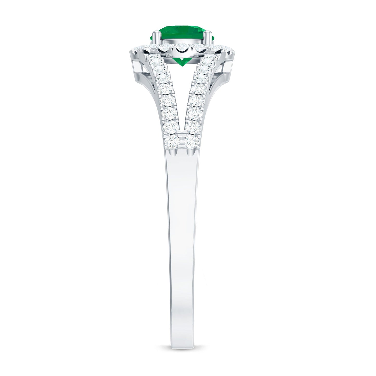 Classic Emerald Split Shank Engagement Ring with Diamond Halo
