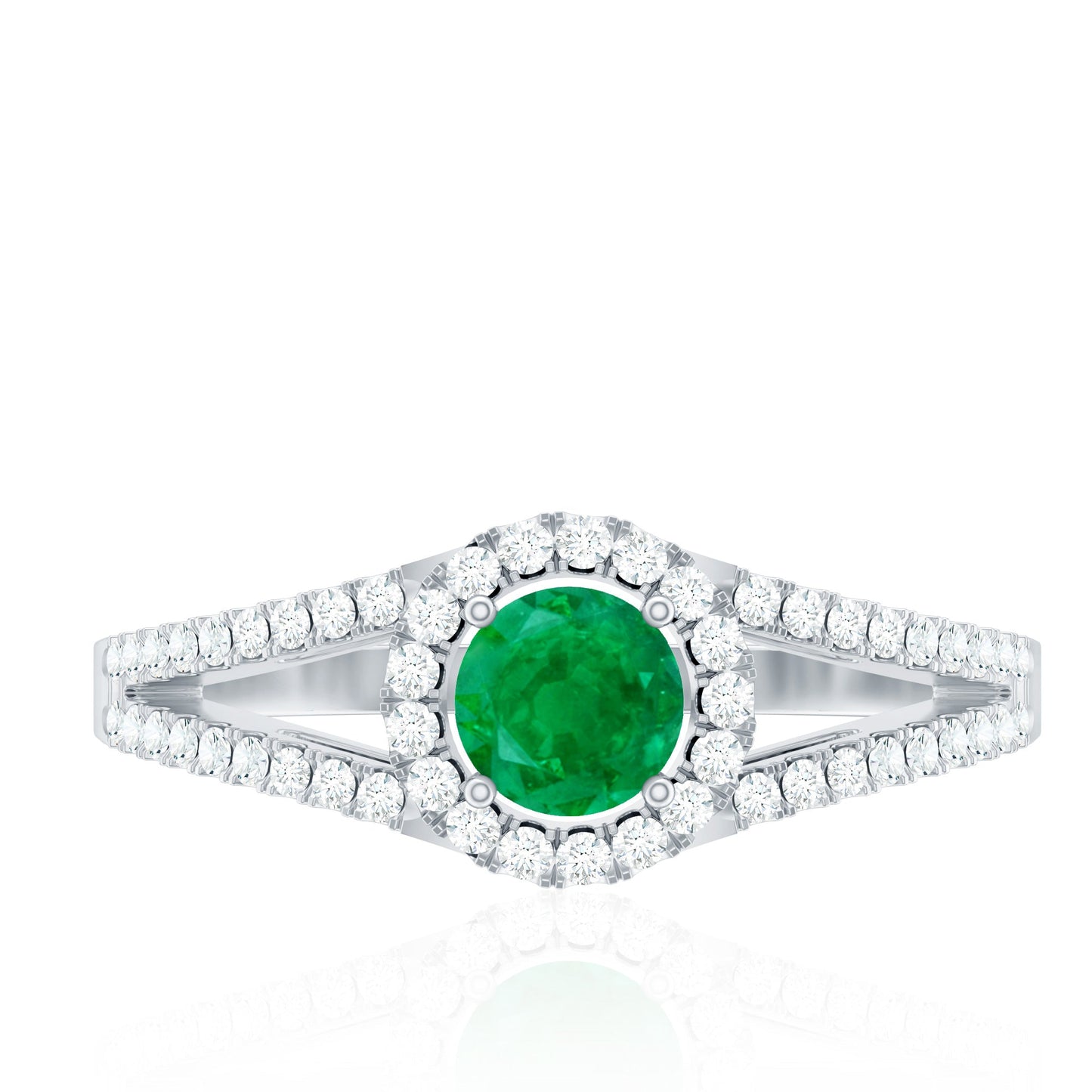 Classic Emerald Split Shank Engagement Ring with Diamond Halo