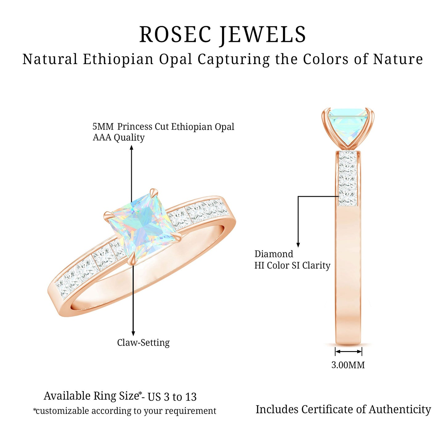 Certified Real Ethiopian Opal Princess Cut Engagement Ring with Diamond