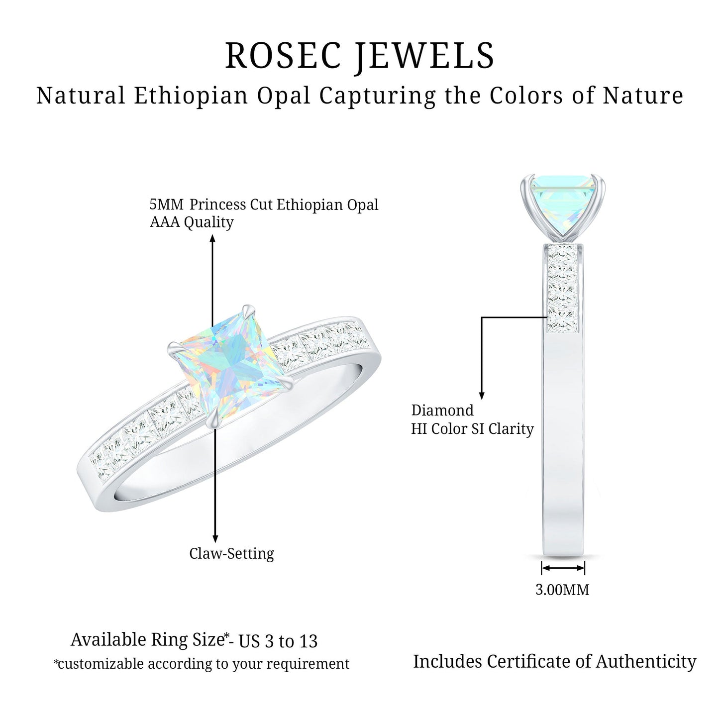 Certified Real Ethiopian Opal Princess Cut Engagement Ring with Diamond