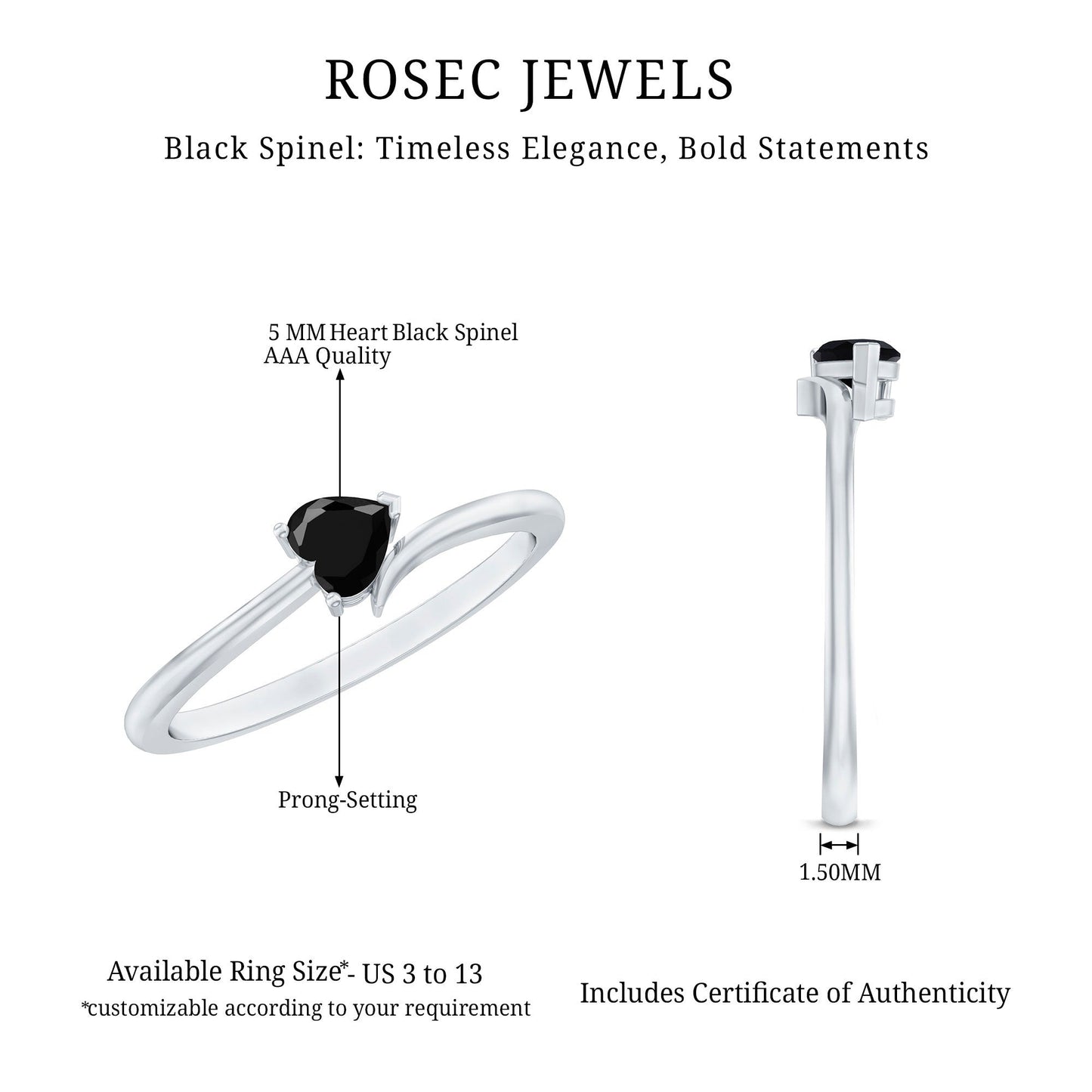 Natural Black Spinel Heart Promise Ring in East West Style