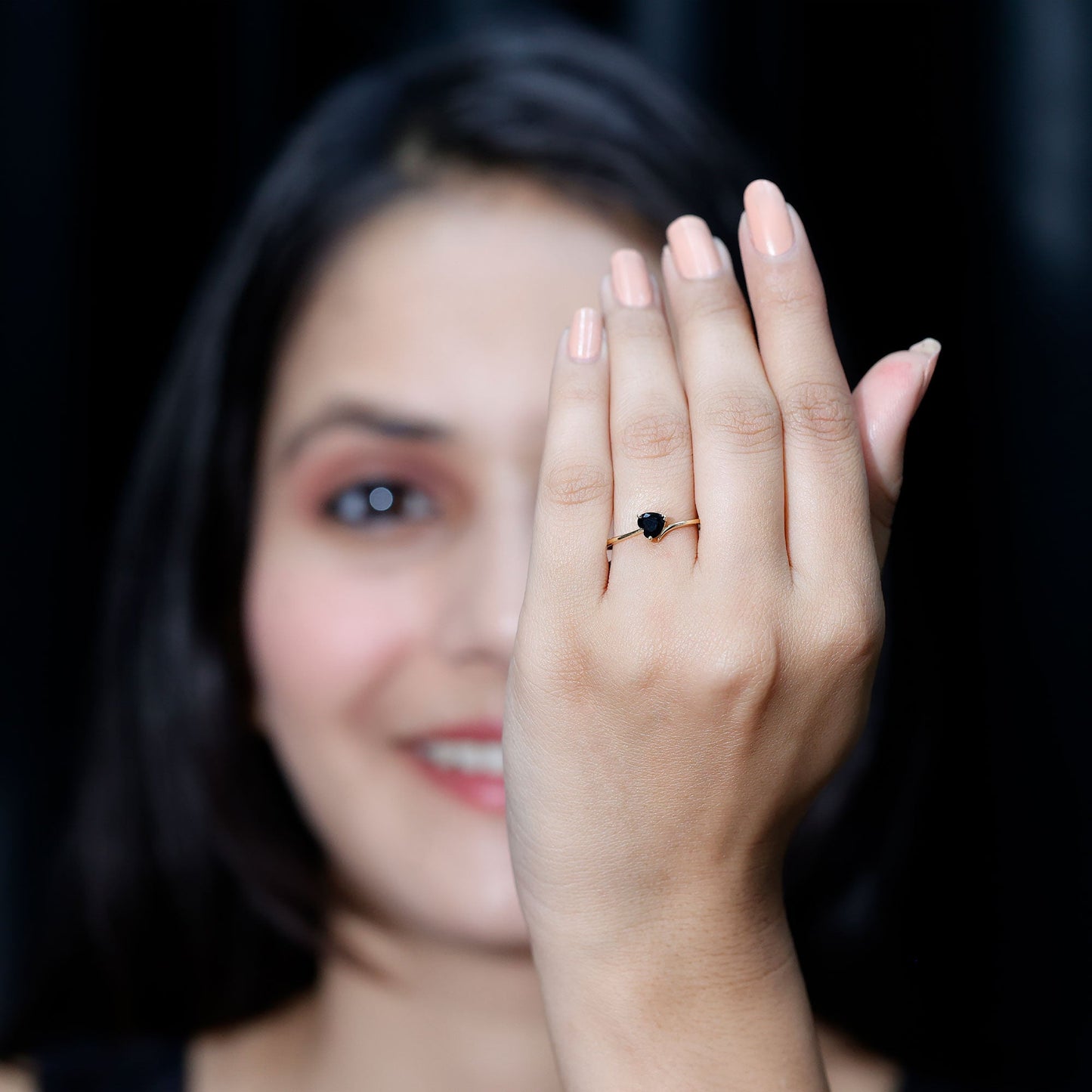 Natural Black Spinel Heart Promise Ring in East West Style