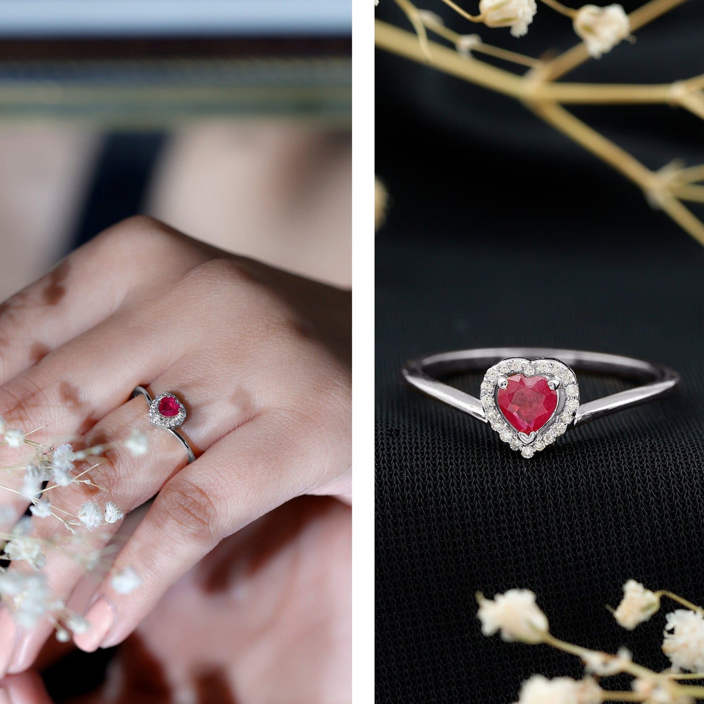 Genuine Half Carat Ruby Heart Promise Ring with Diamond Halo